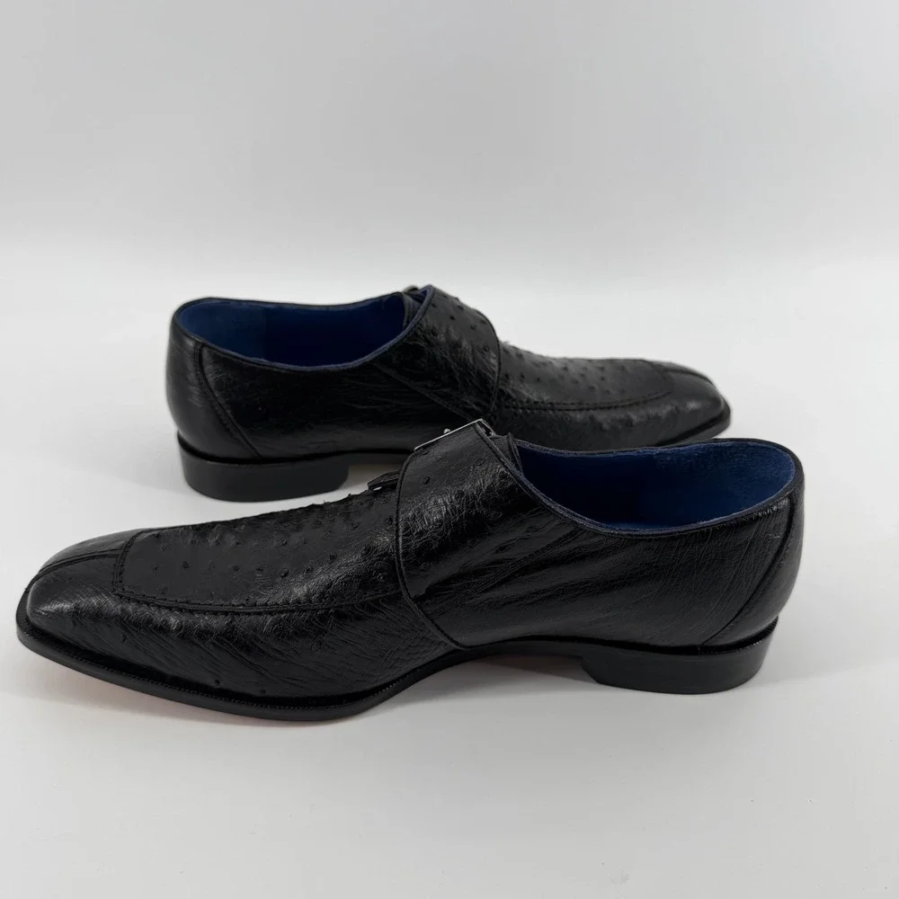 Belvedere Dress Shoes Men's 8.5 Black Genuine Ostrich Strap Square Toe Exotic